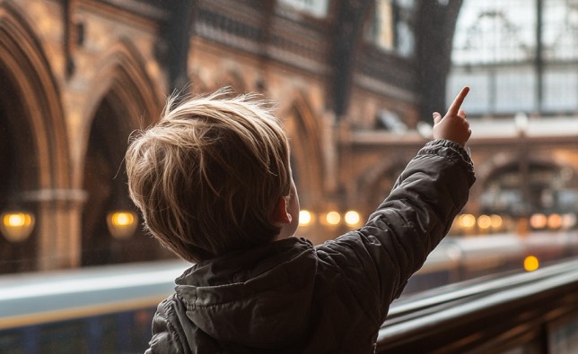 boy pointin at train