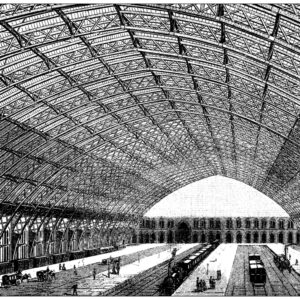 Antique illustration: constructions and architecture: Steel structure construction frame, St Pancras railway station London