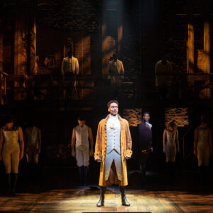 HAMILTON. Alex Sawyer (Alexander Hamilton), Jay Perry (Aaron Burr) and Company. Photo Danny Kaan