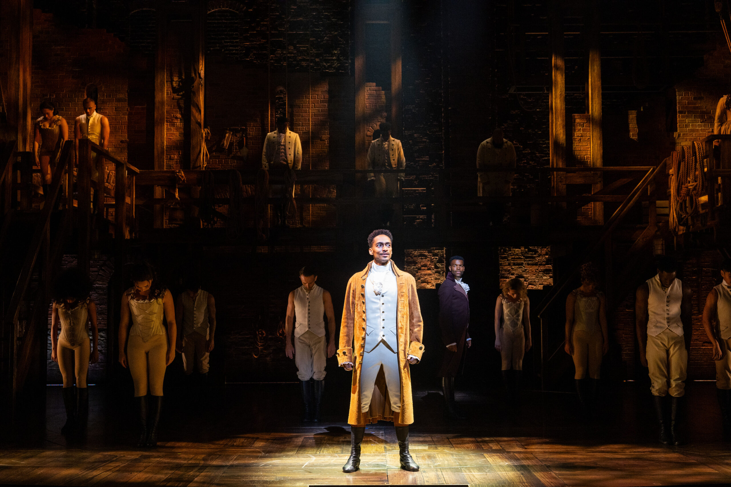 HAMILTON. Alex Sawyer (Alexander Hamilton), Jay Perry (Aaron Burr) and Company. Photo Danny Kaan