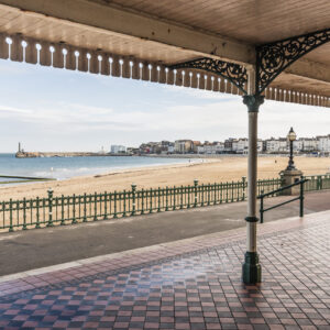 Margate Bay from a victorian shelter in Kent, England.